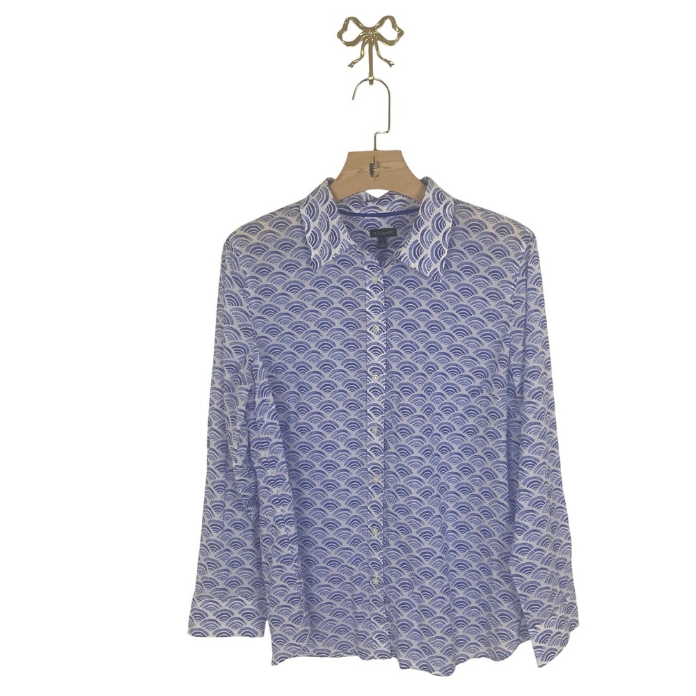 Talbots Womens Large Blue White Fan Wave Print Cotton Button Down Shirt